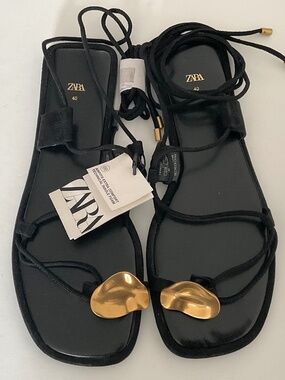 ZARA Ankle Tie Thin Sandals Black Gold Size EU 40 NEW WITH TAG